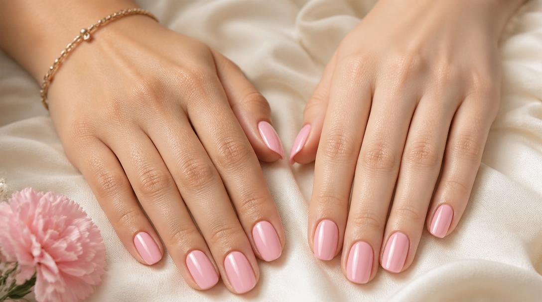 Two hands with matching pink manicures side by side