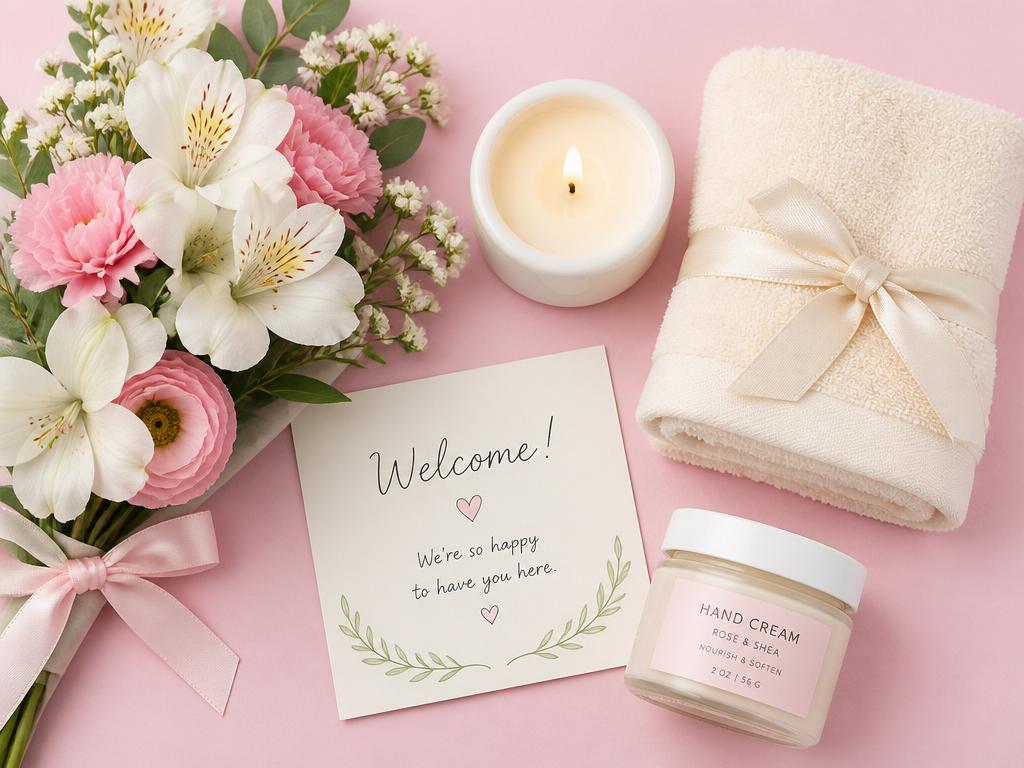 Welcome spa flat lay with flowers, candle and cream towel