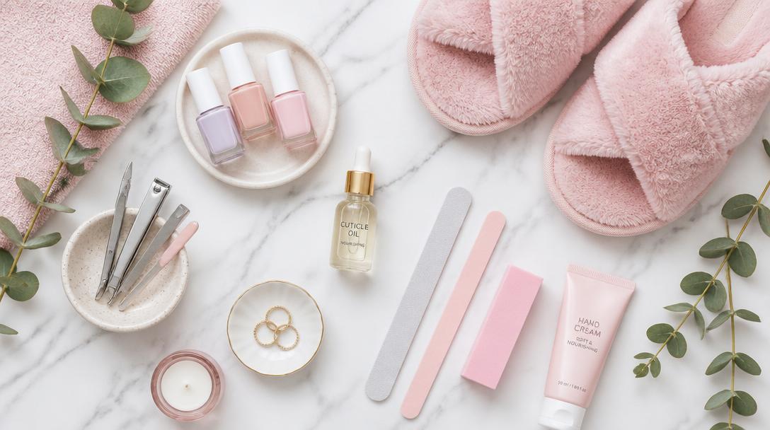Manicure and pedicure essentials flat lay on marble