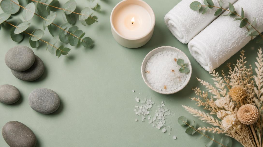 Spa day flat lay with massage stones, candle and rolled towels