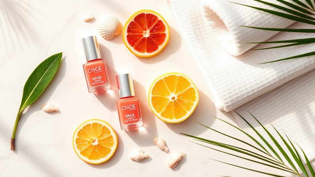 Summer nail spa flat lay with coral polish, citrus and palm leaves